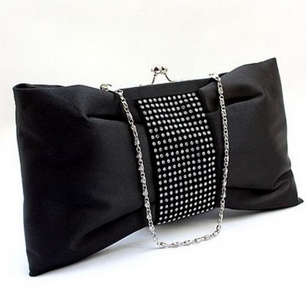Cache Black Satin Bow Clutch with Rhinestone Detail